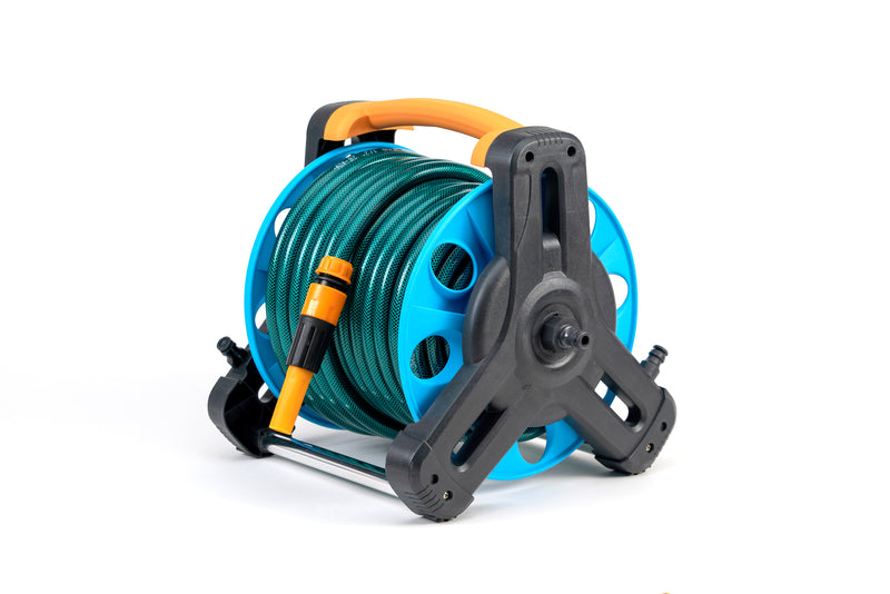 Carro Enrollador Mangueras 30m 1/2" Kit Completo Ruedas Boquilla Acoples Jardín Riego Portátil 4.5kg