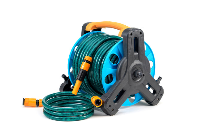 Carro Enrollador Mangueras 30m 1/2" Kit Completo Ruedas Boquilla Acoples Jardín Riego Portátil 4.5kg