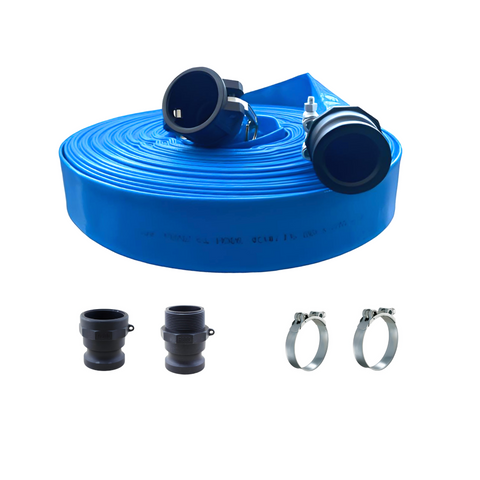 Manguera plana de PVC con acoples Camlock de PP Tipo A,C,E,F + 2 Abrazaderas Super.