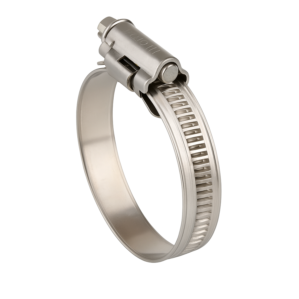 Manguera plana con accesorios de PVC y abrazaderas.