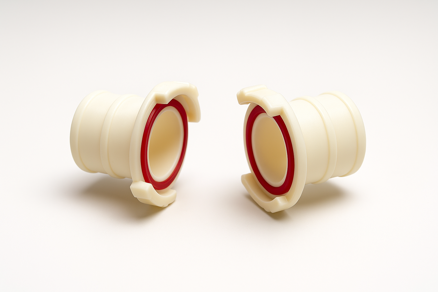 Manguera plana con accesorios de PVC y abrazaderas.